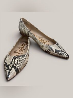 Sam Edelman Sally Pointed Toe Snake-Print Leather Ballet Flats Cream Size 6.5